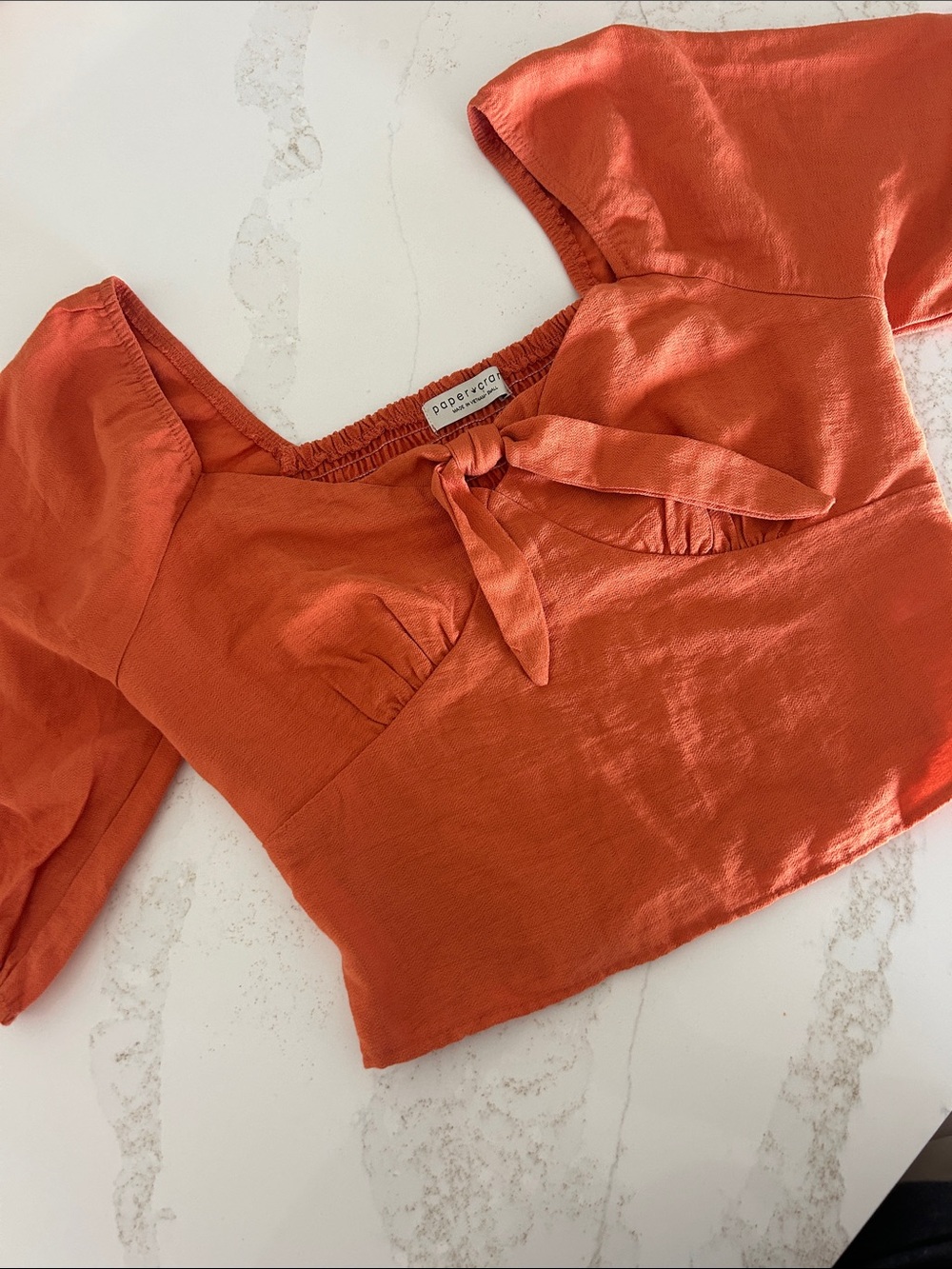 Paper Crane Rust Orange Tie-Front Puff Sleeve Crop Top by Paper Crane
